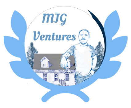 light blue laurel leaf surrounding the hand drawn logo showing michael gordon, a middle aged white man leaning against a two story home.